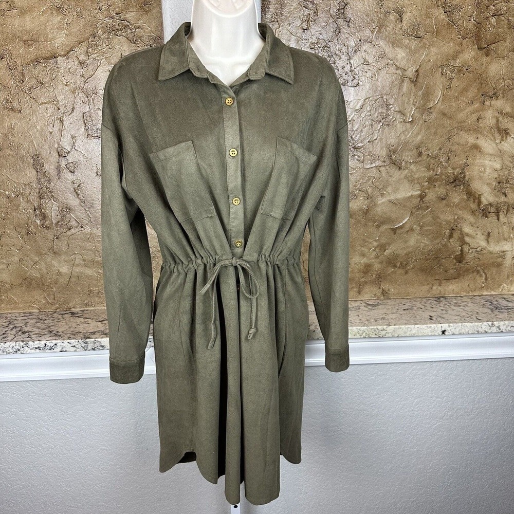 Willa Army‎ Green Mole Skin Shirt Dress Gold Buttons Women's Size Large